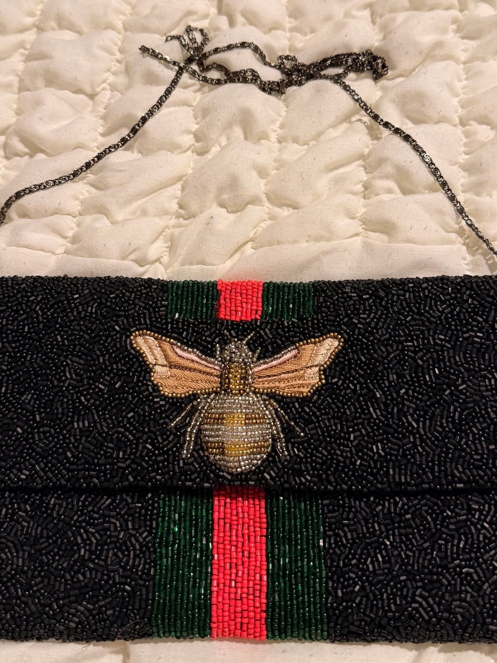 Moyna Black Beaded Clutch with Gold Bee and Red-Green Stripe